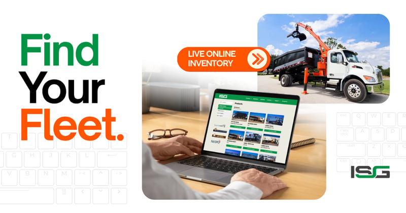 Person browsing ISG's live equipment inventory online next to a Vacall excavator truck 